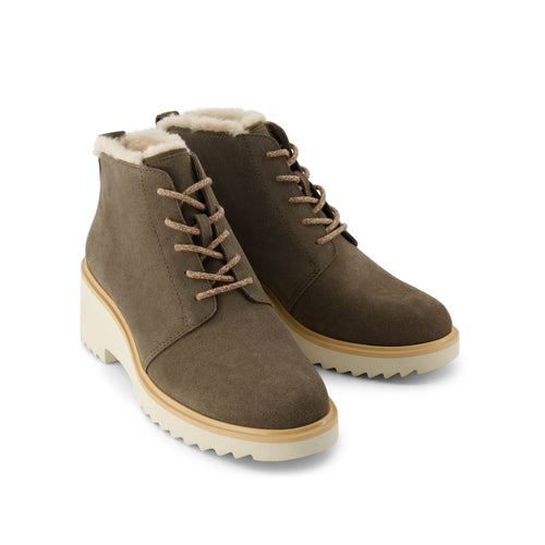 Maude Lace Up Olive Suede Faux Fur Wedge Boot Front View