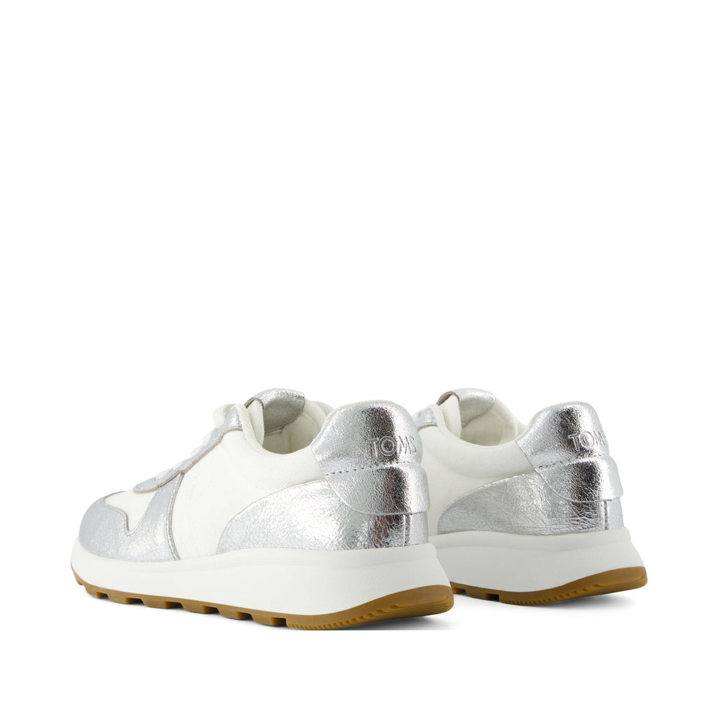 TRVL LITE Retro Runner Sneaker - Water Repellent Silver Crinkle Metallic Leather and Vintage Twill Back View
