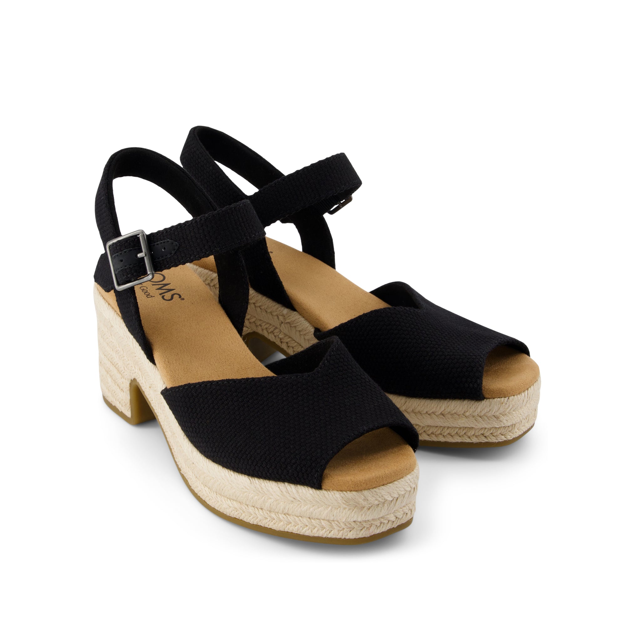 Isla Peep Toe Heeled Sandal - Black Beachside Woven Front View