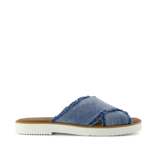 Mae Crossover Slide Sandal - Dark Sky Textured Denim Side View