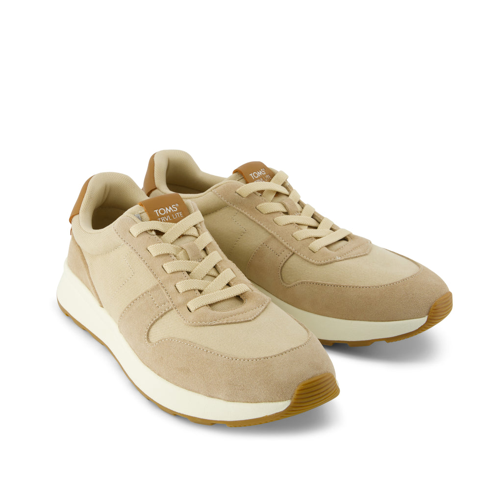 TRVL LITE Retro Runner Sneaker -  Water Repellent Almond Vintage Twill and  Leather Front View
