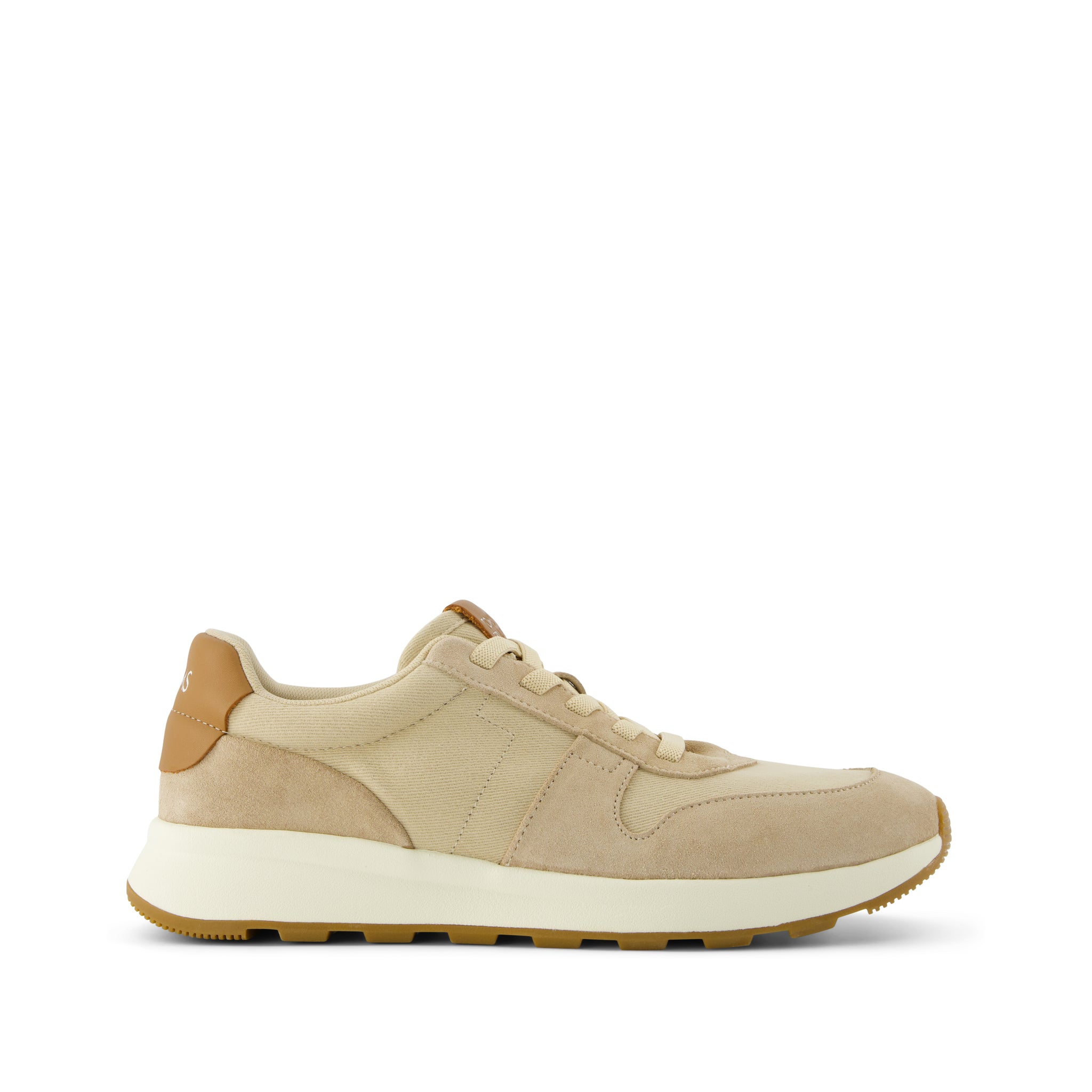 TRVL LITE Retro Runner Sneaker -  Water Repellent Almond Vintage Twill and  Leather Side View
