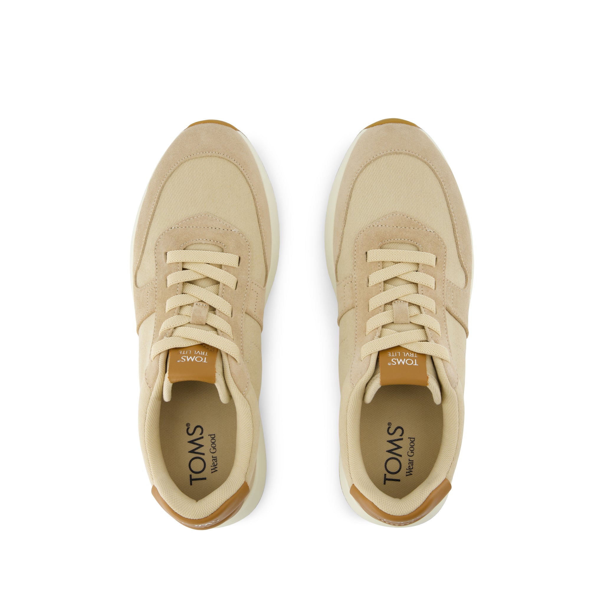 TRVL LITE Retro Runner Sneaker -  Water Repellent Almond Vintage Twill and  Leather Top View