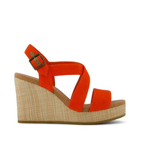 Alondra Wedge Sandal - Flame Two Tone Slubby Woven and  Raffia Wrap Side View