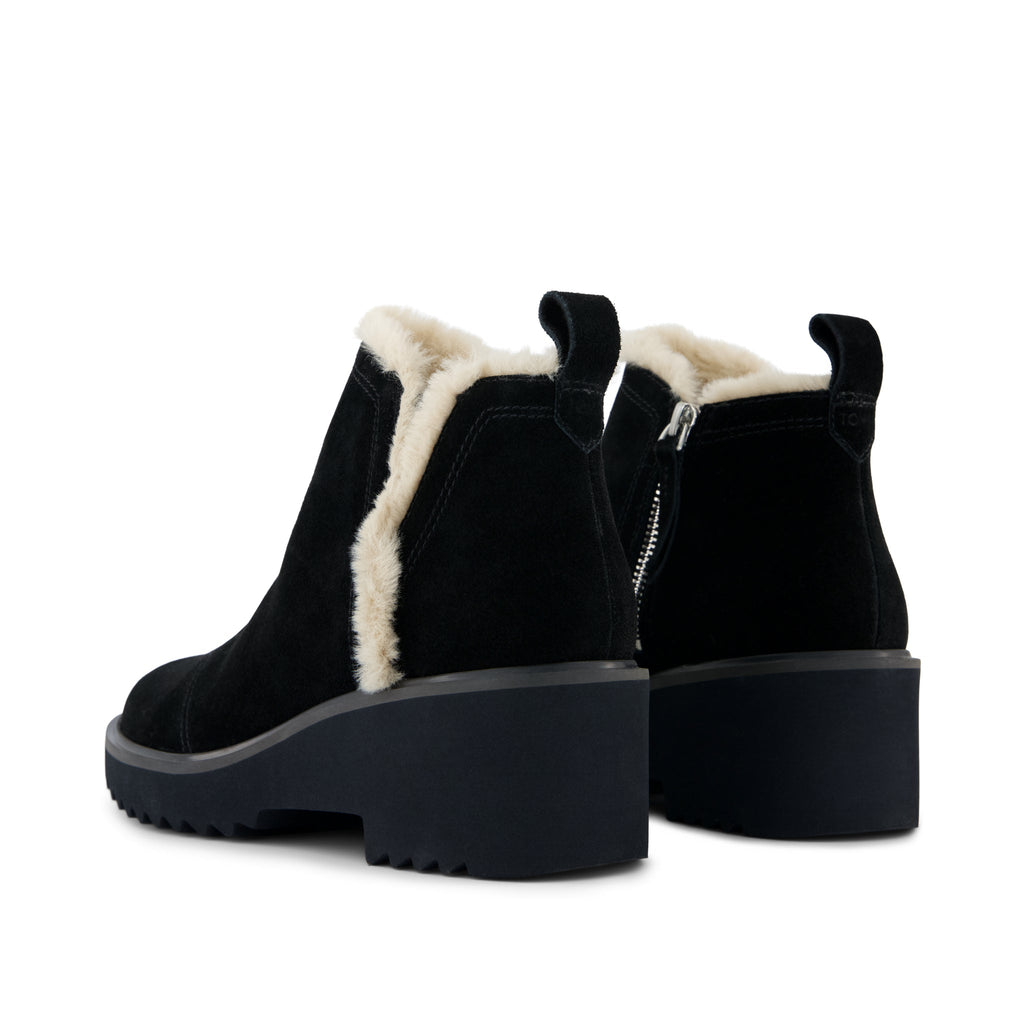 Maude Wedge Boot - Black Suede Faux Fur Back View