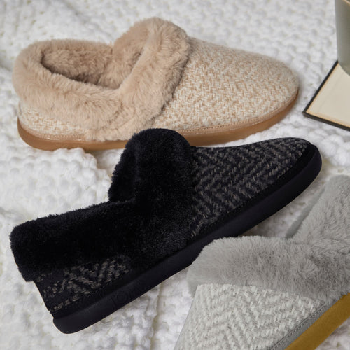 Laydown detail shot of the black herringbone Oslo convertible slipper