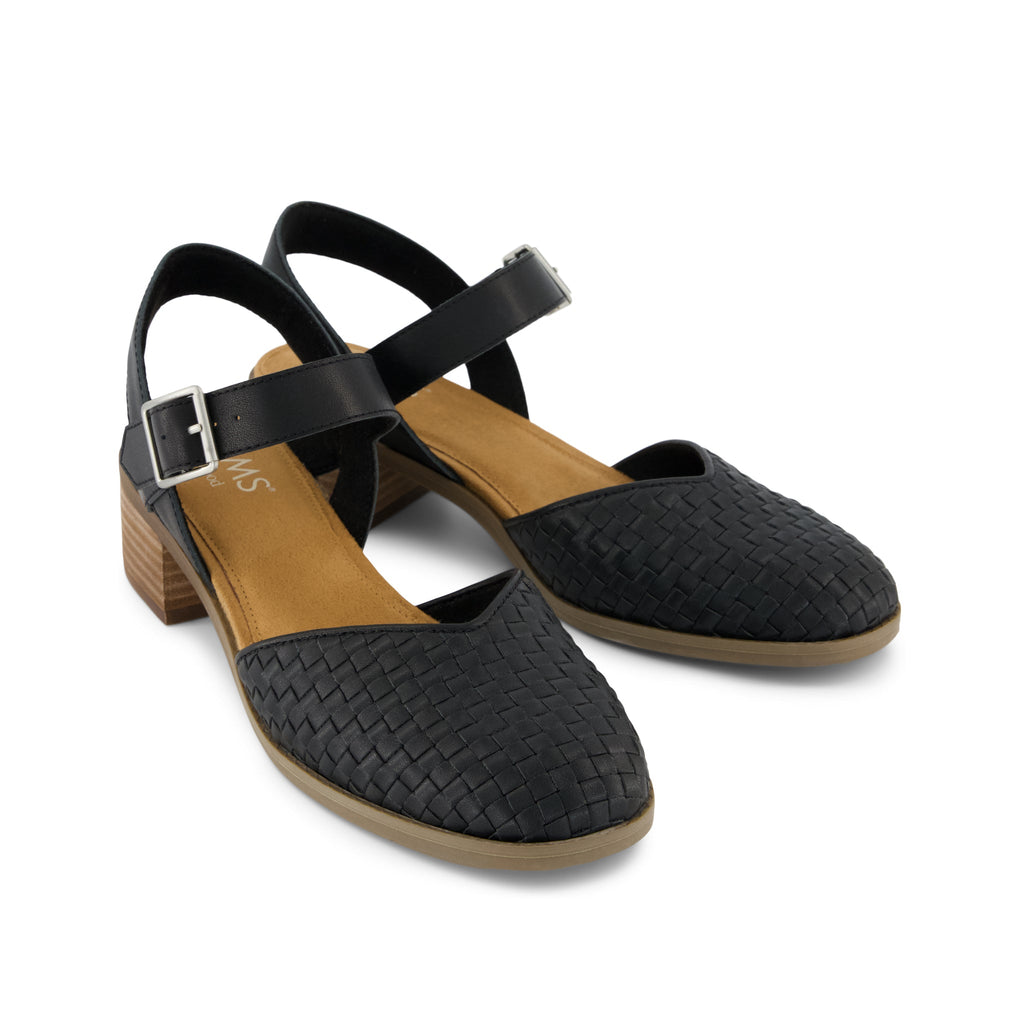 Jaclyn Heel - Black Woven Basket Faux Leather Front View