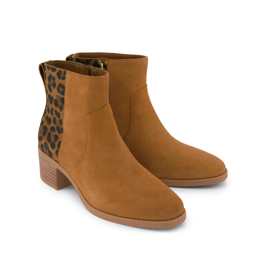 Delilah Heeled Boot - Water Repellent Brown Sugar Leopard Suede Front View