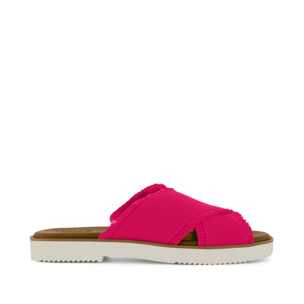 Mae Crossover Slide Sandal - Fuchsia Heritage Canvas Fray Side View