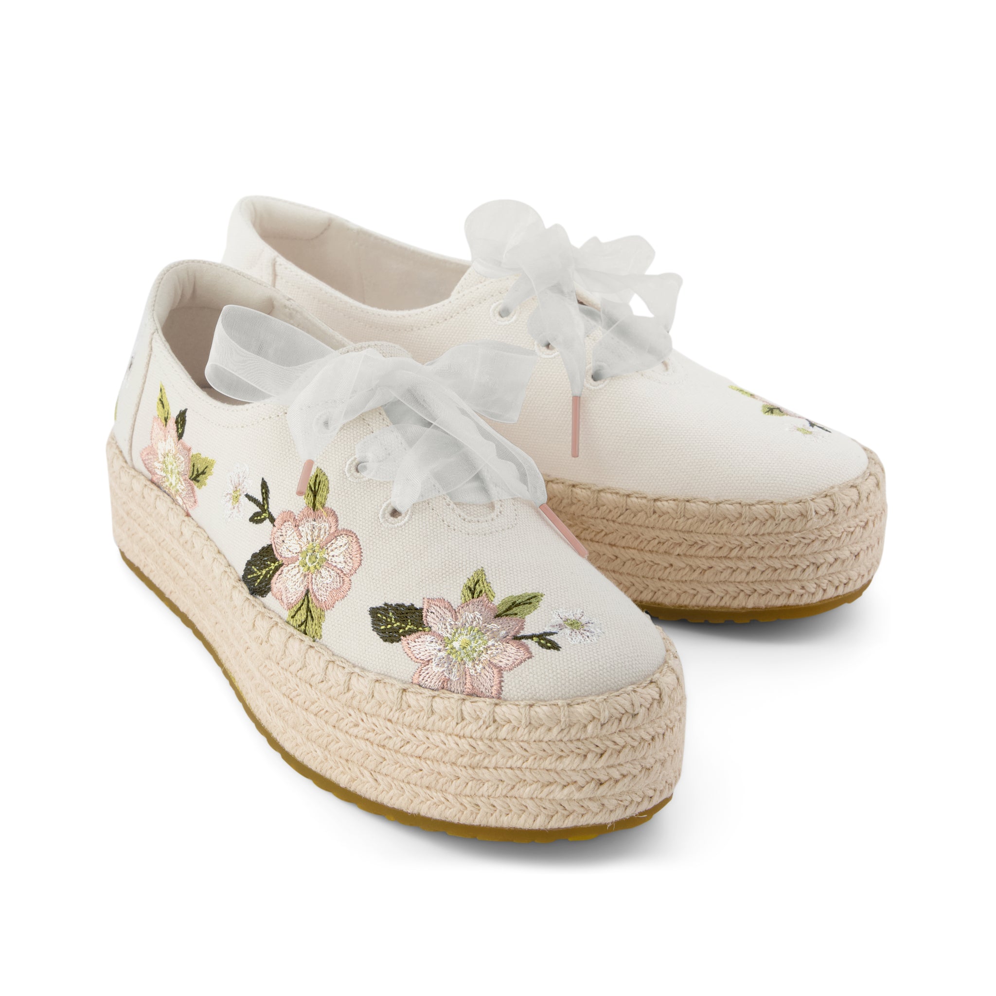 Valencia Lace-Up Platform Espadrille - Natural Embroidered Floral Front View