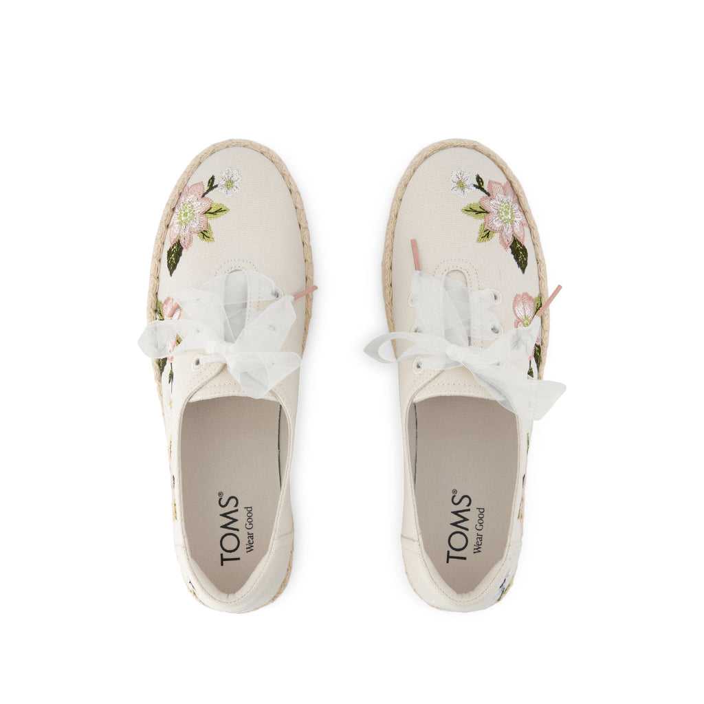 Valencia Lace-Up Platform Espadrille - Natural Embroidered Floral Top View