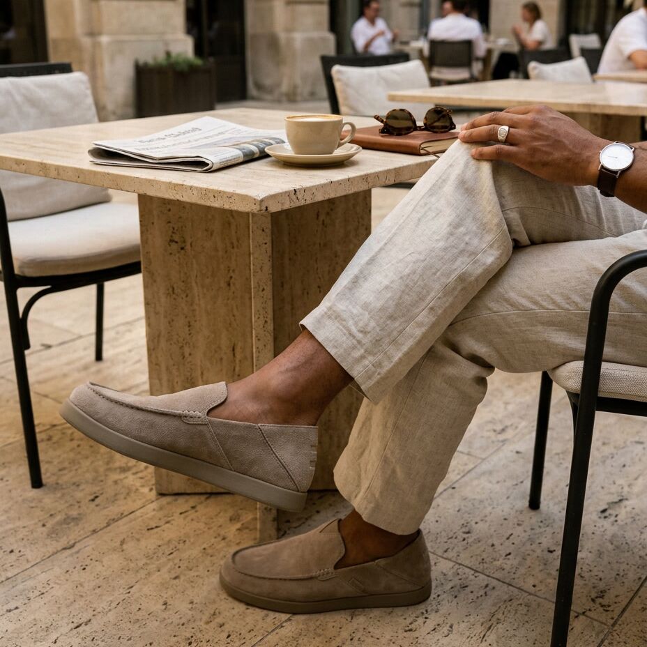 On model image Mens Alonso Loafer Dune Suede
