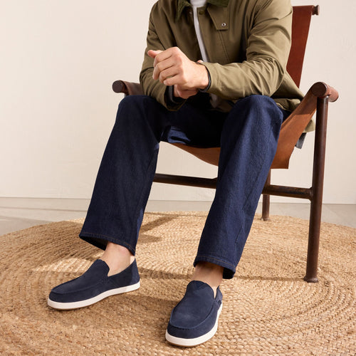 On model image of the Mens Alonso Loafer Navy Suede