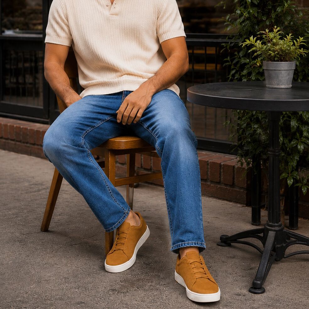 On model image of the Mens TRVL Lite Miles Lace-Up Sneaker Water Resistant Tan Leather