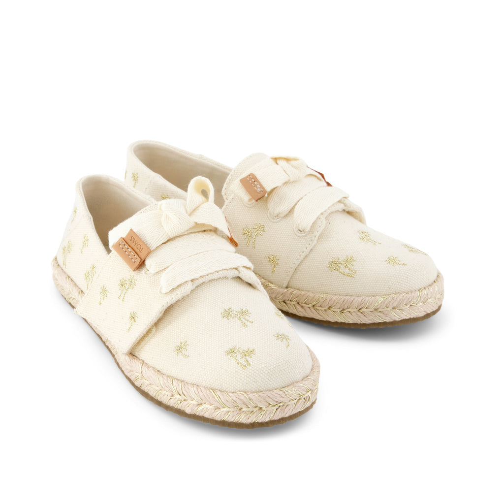 Carolina Lace-Up Kids Espadrille - Metallic Embroidered Palm Trees Front View