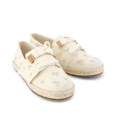 Carolina Lace-Up Kids Espadrille - Metallic Embroidered Palm Trees Front View