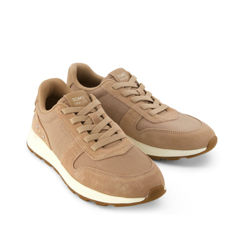 TRVL LITE Retro Runner Sneaker - Water Repellent Taupe Vintage Twill w/ Studs Front View