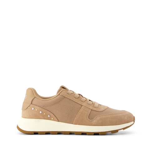 TRVL LITE Retro Runner Sneaker - Water Repellent Taupe Vintage Twill w/ Studs Side View