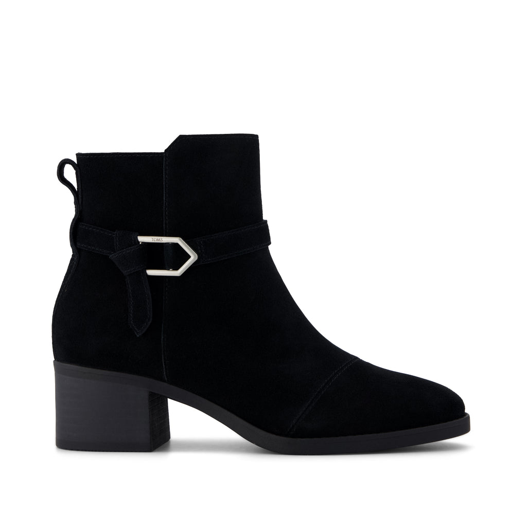 Delilah Buckle Ankle Boot - Black Suede Side View