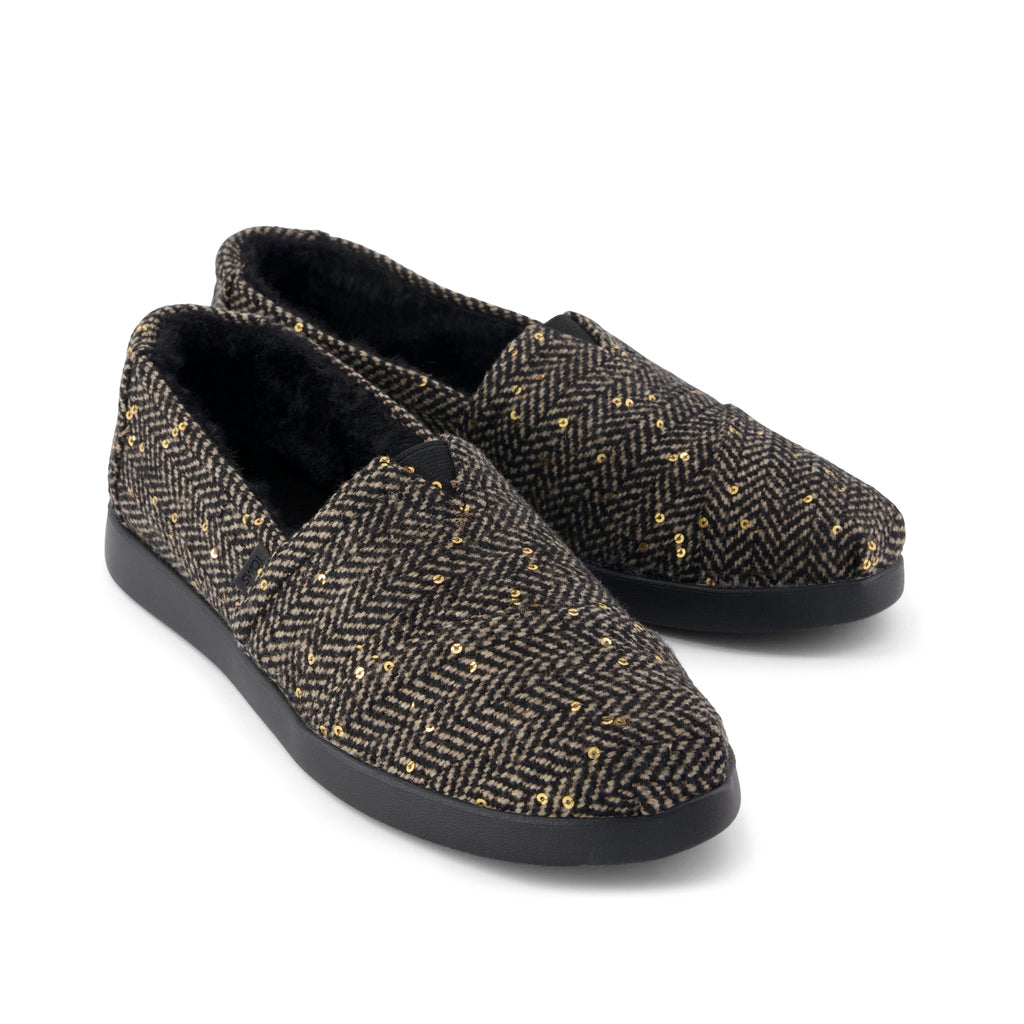 Alpargata Plus - Black Sequin Herringbone w/ Faux Fur Front View