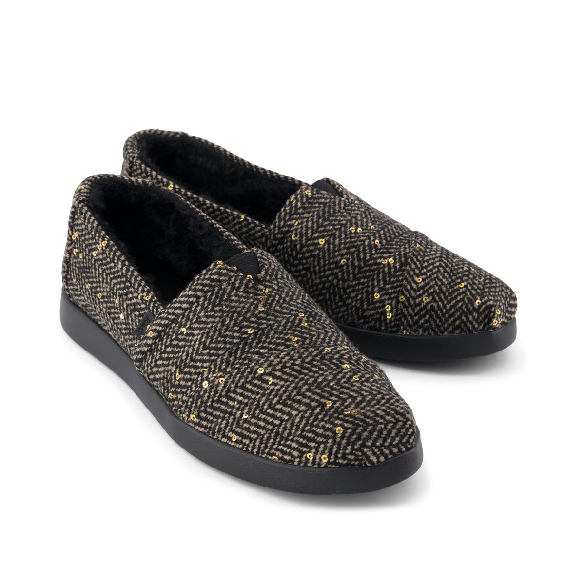 Alpargata Plus - Black Sequin Herringbone w/ Faux Fur Front View