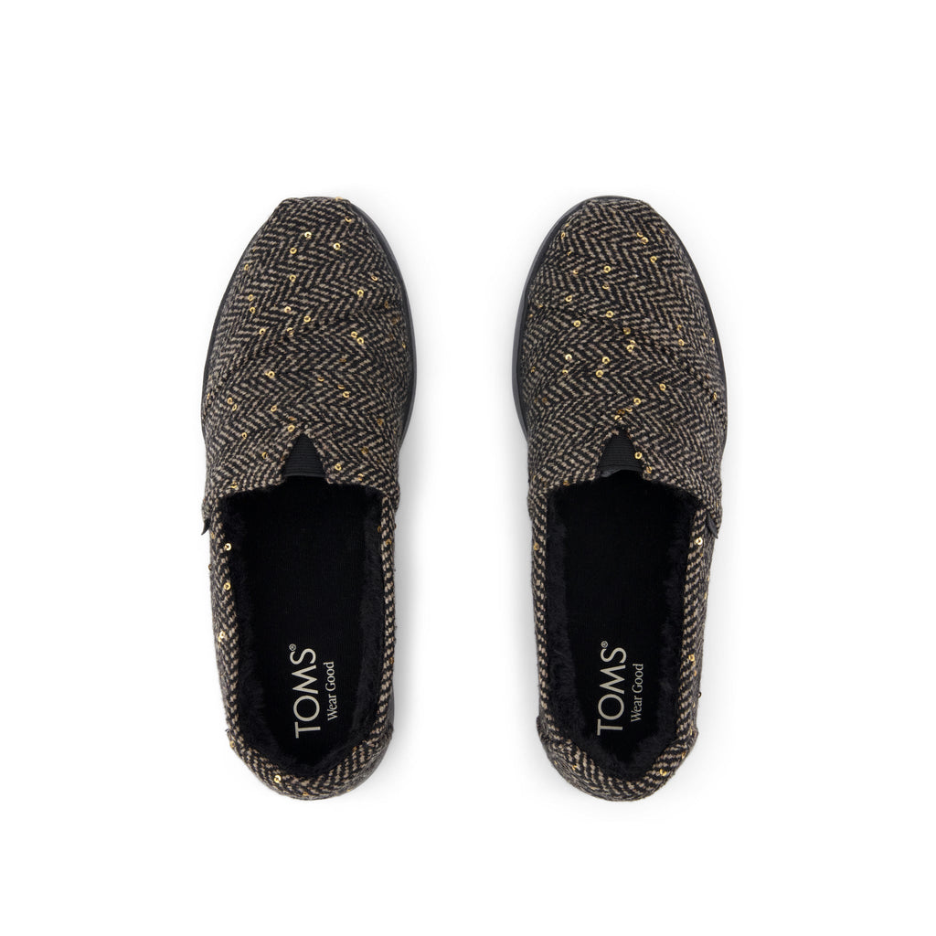 Alpargata Plus - Black Sequin Herringbone w/ Faux Fur Top View