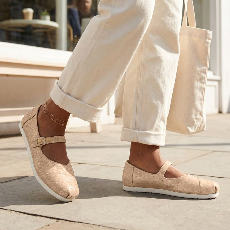 On model image of the Womens Alpargata Mary Jane Bronze Metallic Crosshatch Suede