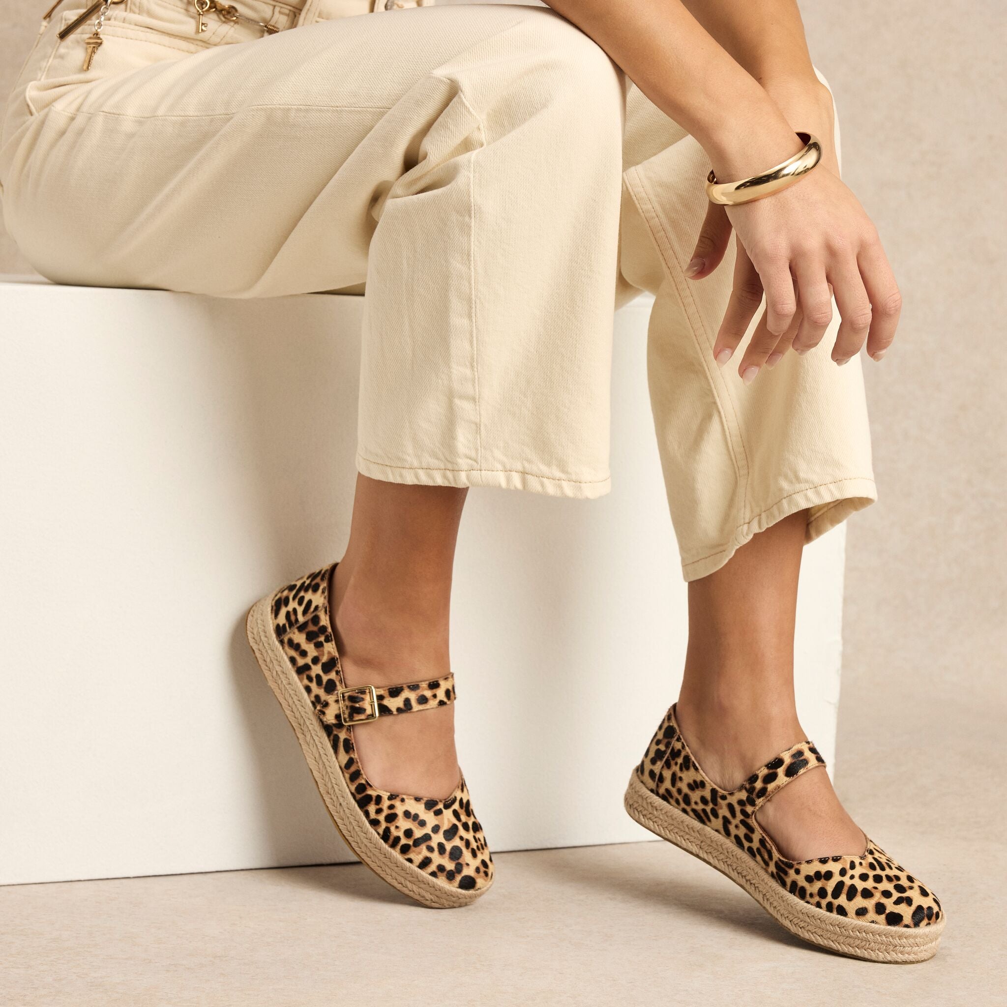 On model image of the Womens Carolina Mary Jane Espadrille Brown Sugar Leopard Print Hair