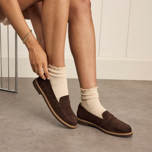 On model image of Womens Marie Loafer Chocolate Brown Deco Stich Suede