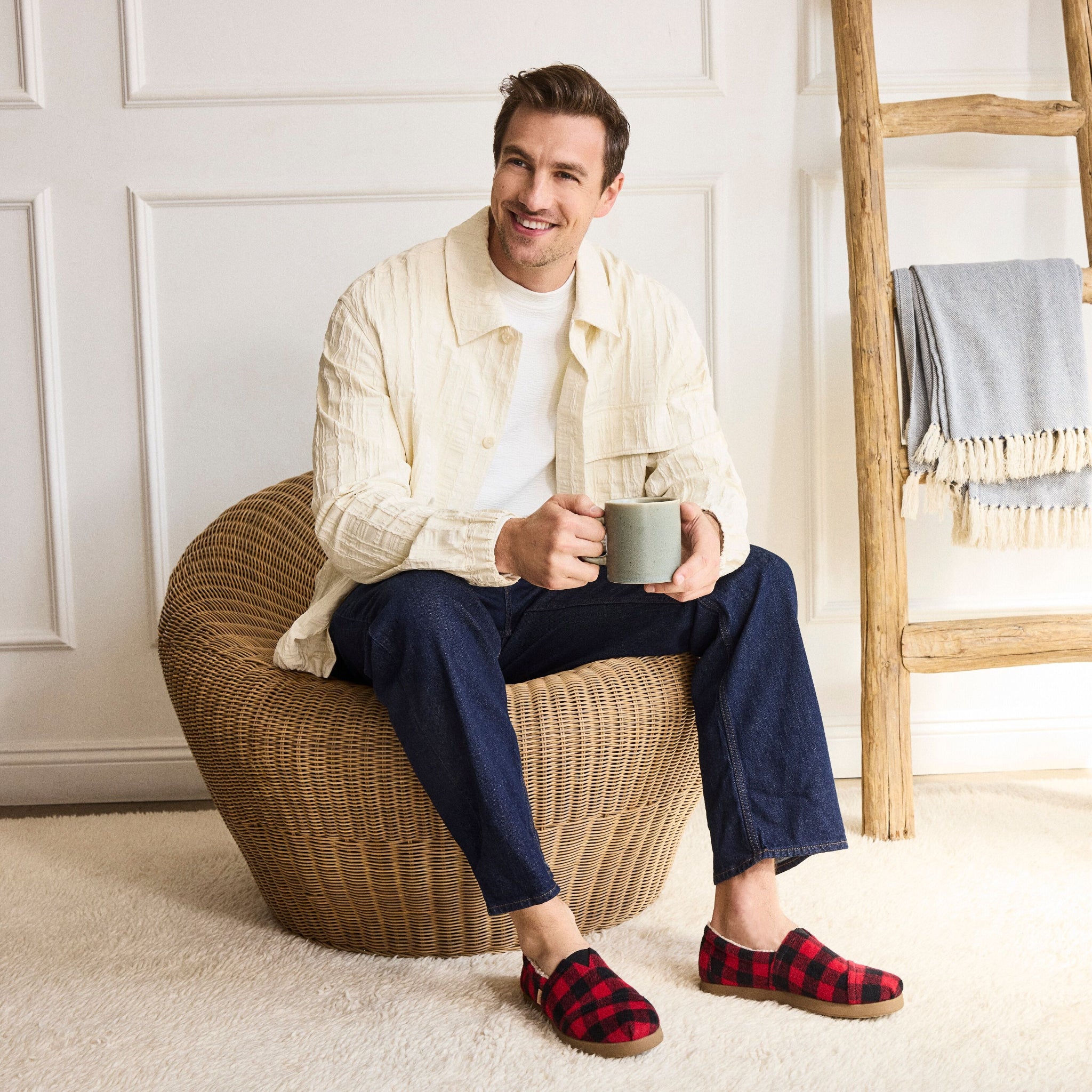 Men's Alp FWD in Red Cozy Buffalo Plaid with Faux Shearling Shoe On Model Image