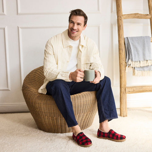 Men's Alp FWD in Red Cozy Buffalo Plaid with Faux Shearling Shoe On Model Image