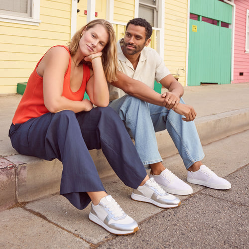 Women's TRVL Lite Retro Runner Water Repellant Sneaker in Silver Crinkle Metallic Leather Vintage Twill Lifestyle Shot