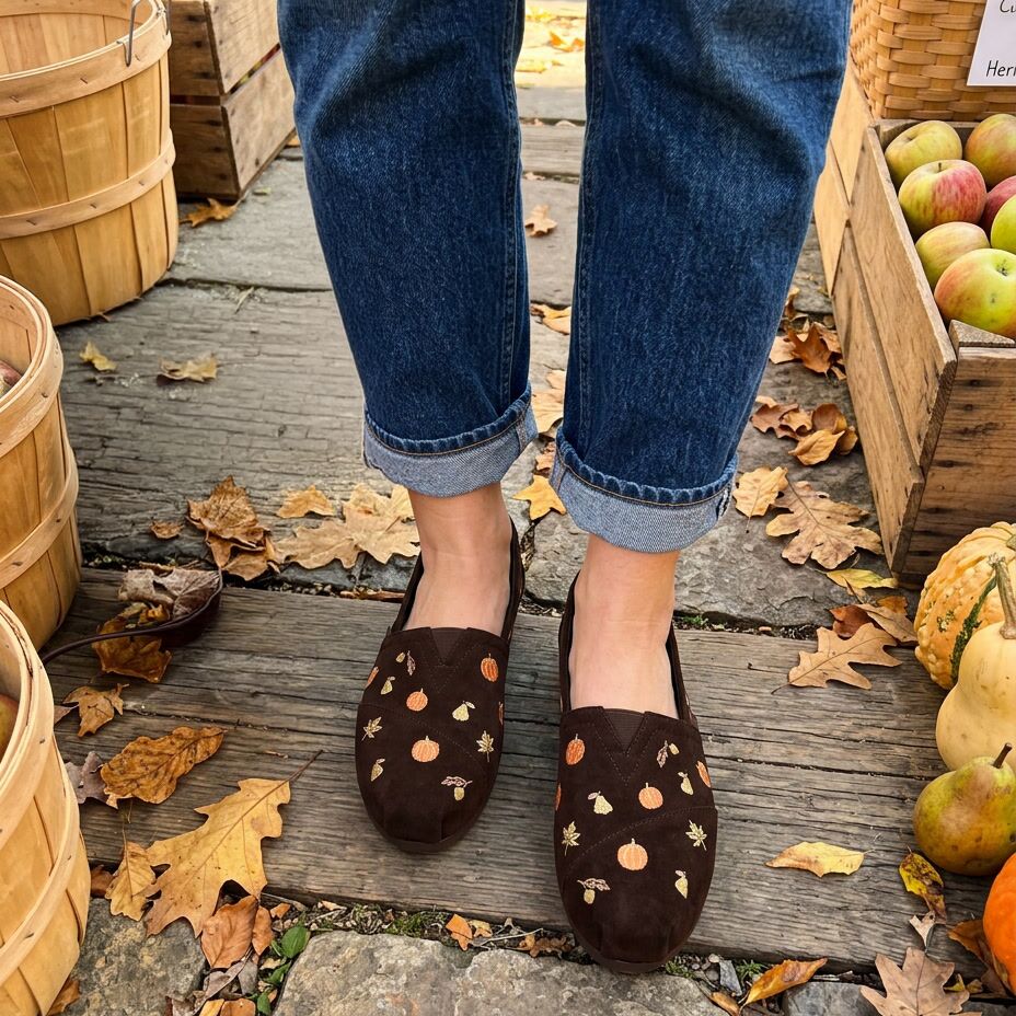 On model image of the Womens Alpargata Classic Chocolate Brown w/ Pumpkins