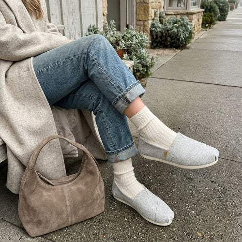 On model image of the Womens Alpargata Plus Light Grey Heathered Tweed w/ Faux Fur