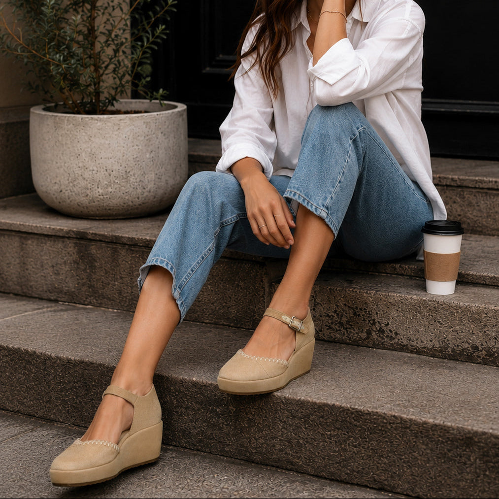 On model image of the taupe suede deco stitch wedge