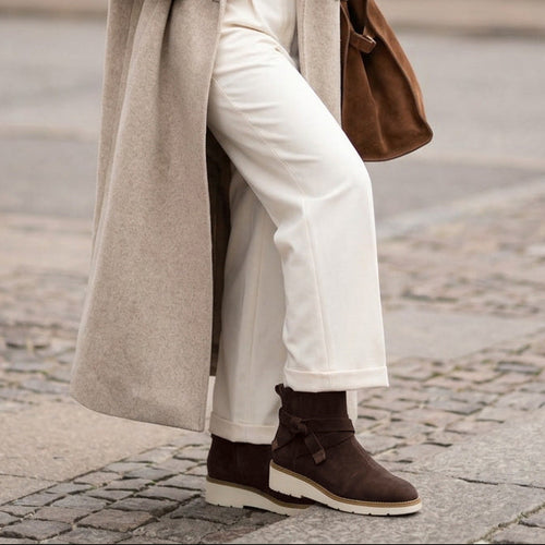On model image of the Womens Marlow Boot Water Repellent Chocolate Brown Suede