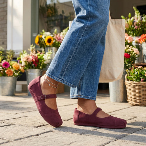 On model image of the burgundy velvet Alpargata Mary Jane