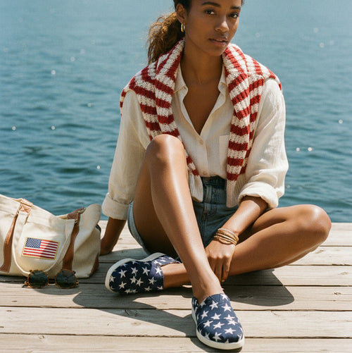 On model image of the navy stars Women's Alp Plus slip on