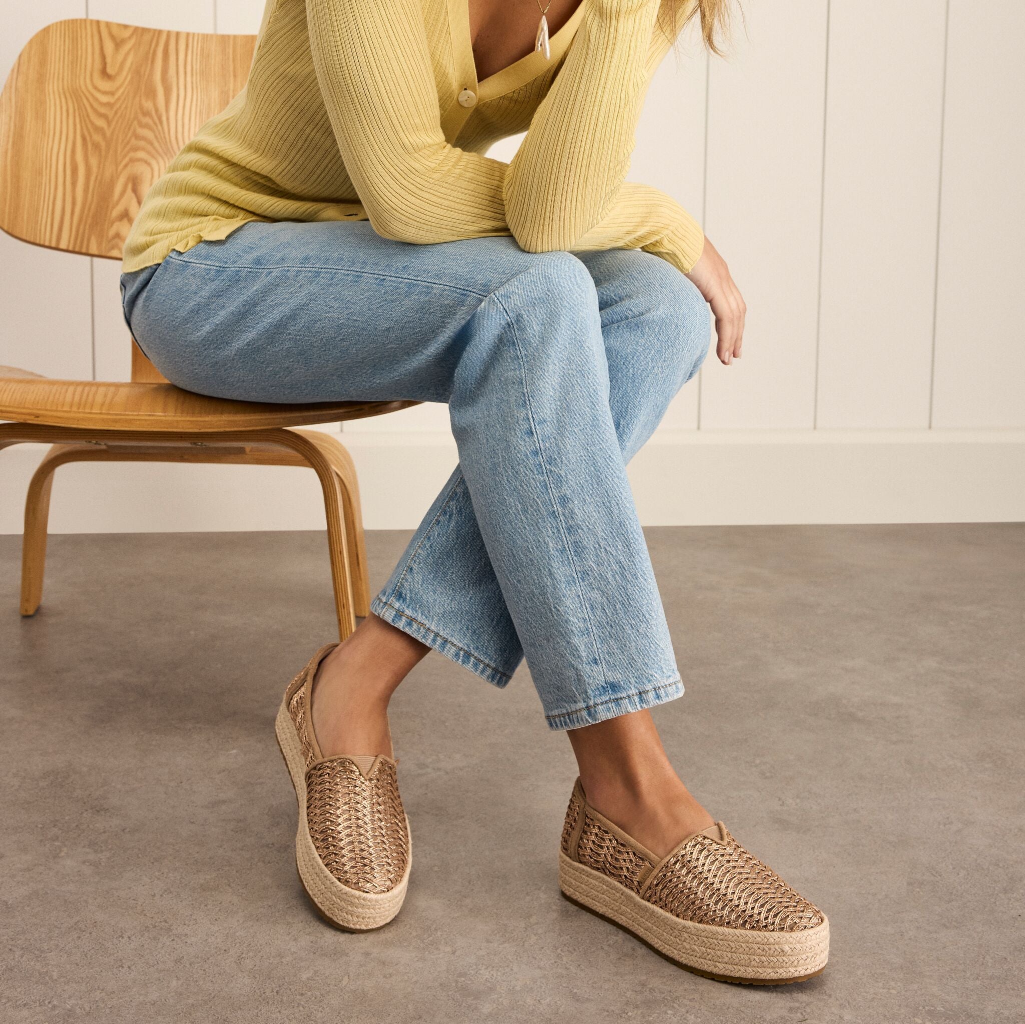 On model image of the bronze deco Valencia platform espadrille