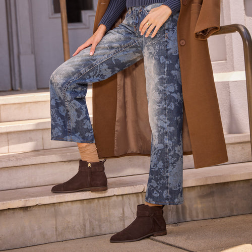 On model image of the Womens Stacey Ankle Bootie Chocolate Brown Suede
