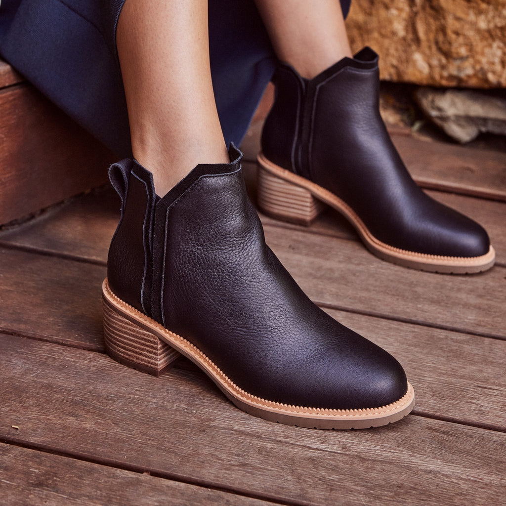 hailey water resistant black leather boot up close on model detail shot