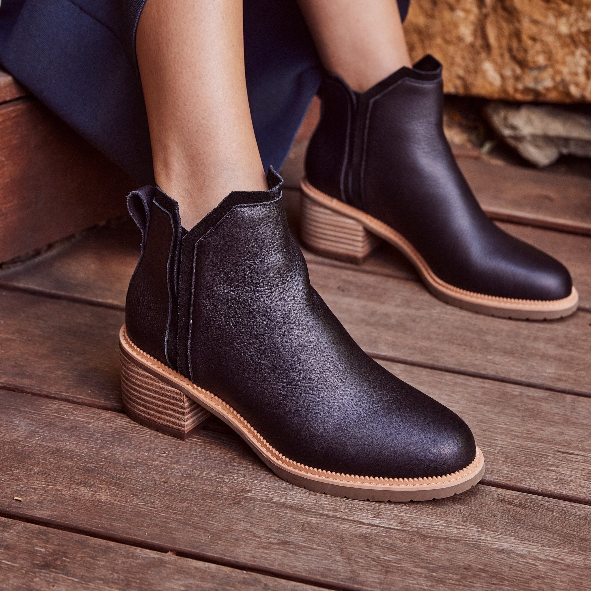 hailey water resistant black leather boot up close on model detail shot