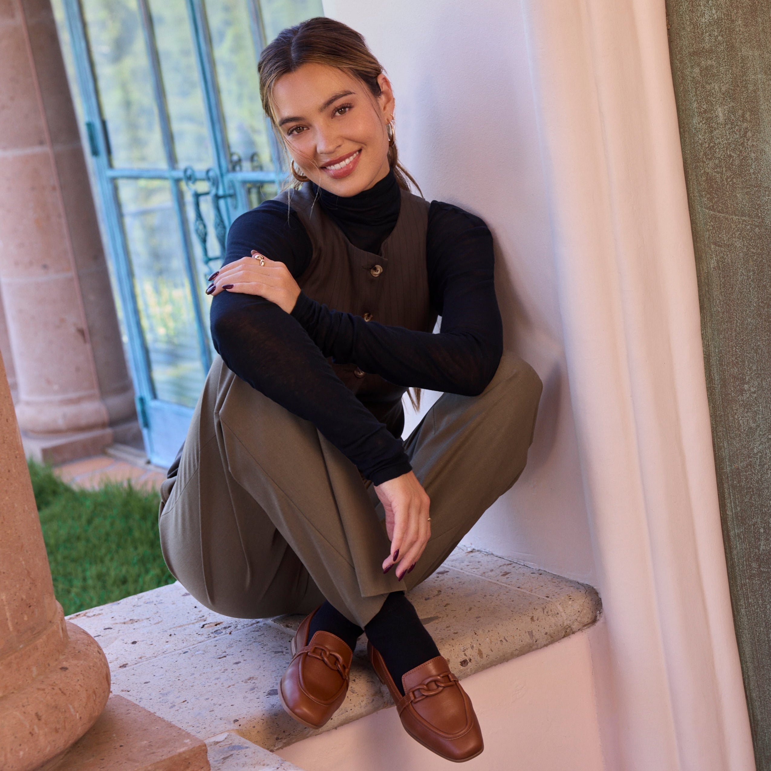 Womens Lynette Loafer Amber Brown Leather with Chain