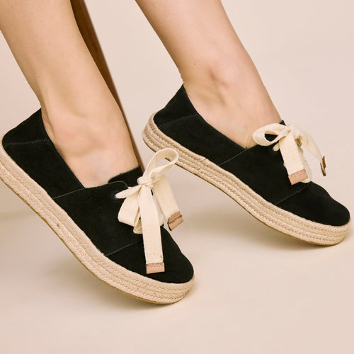 On figure image of the black suede lace up Carolina Espadrille