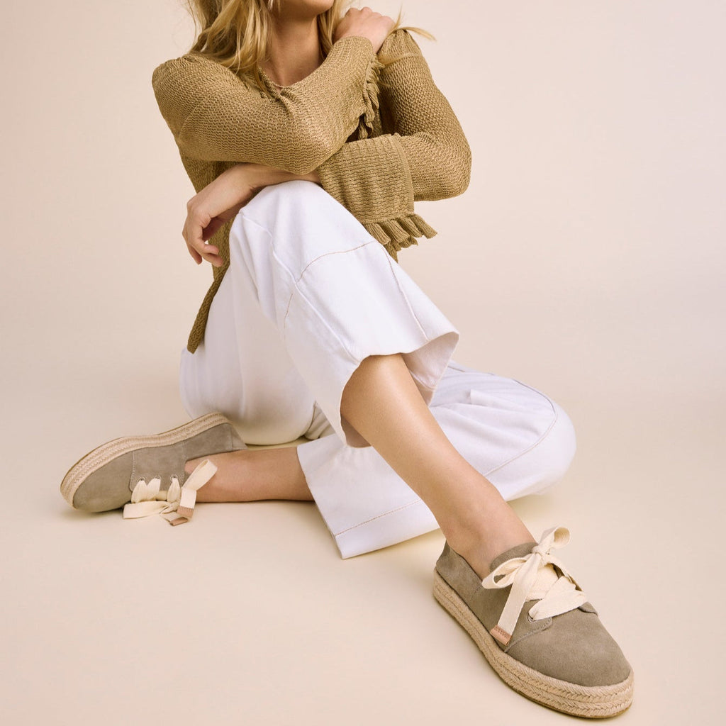 On figure image of the dune suede Carolina lace up espadrille