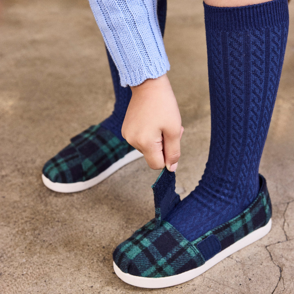 Kids Alpargata Classic in Navy Plaid Kids Shoe on Model Image