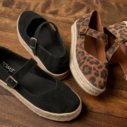 Laydown detail shot of the black suede Carolina Mary-Jane espadrille