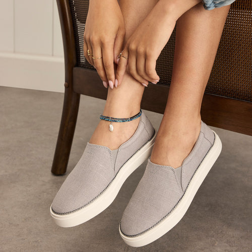 On model image of the drizzle grey Emily slip on sneaker