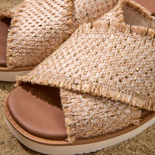 Up close detail shot of the metallic raffia Mae sandal