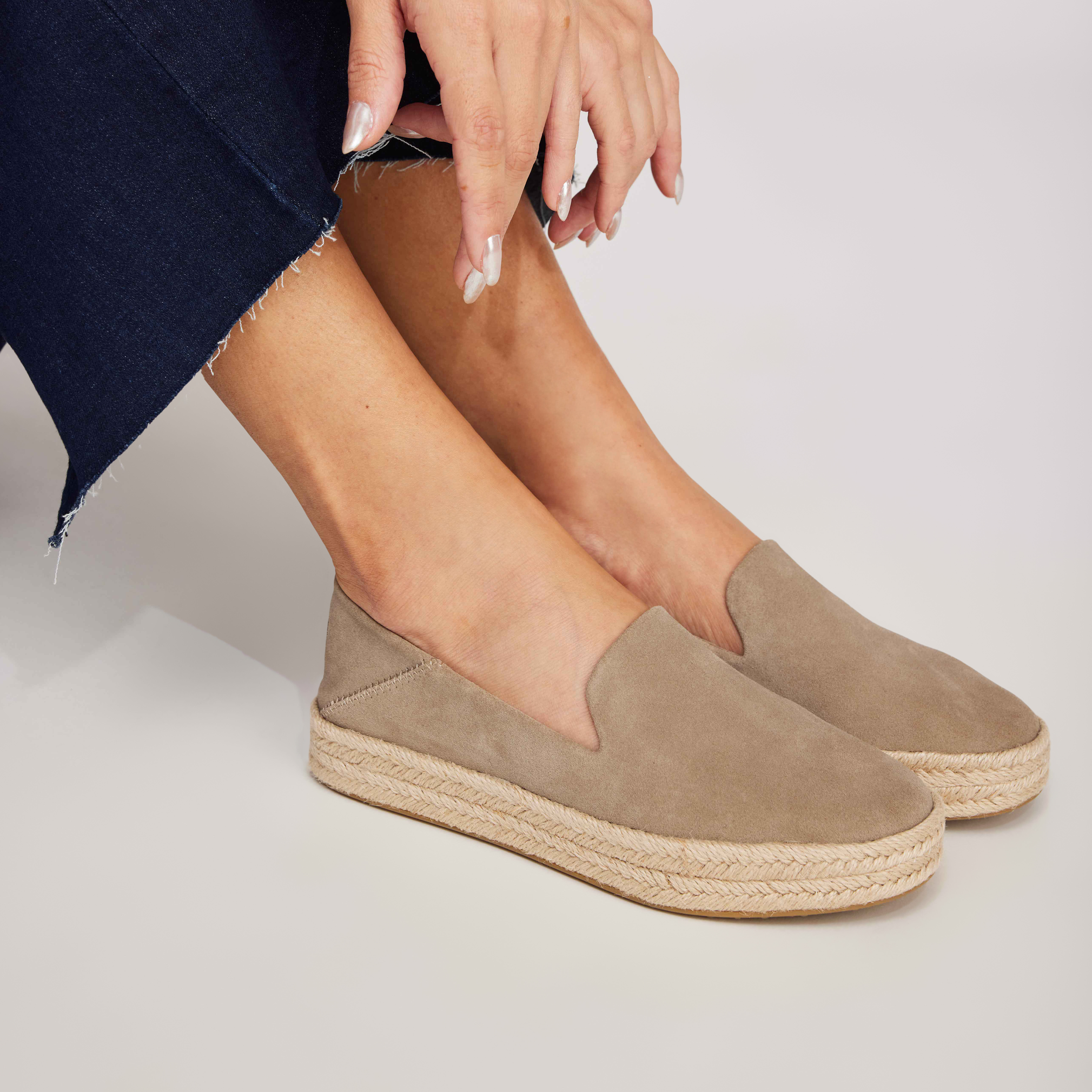 Carolina Slip On Espadrille Shoe In Tan Suede Up Close On Model